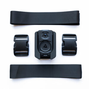 Black modular device and two mounts arranged on a white background, central unit labeled AXON with surrounding components.